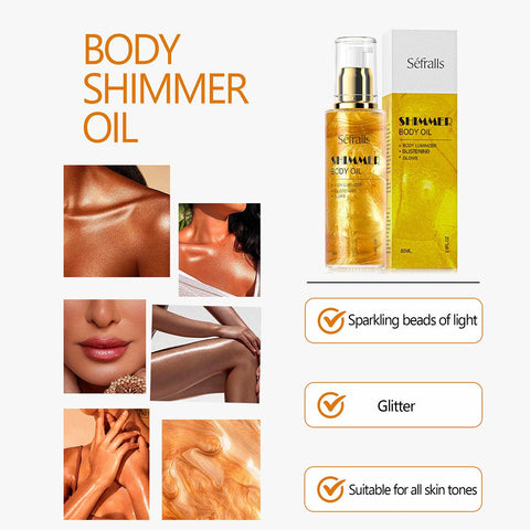 Body Shimmer Oil, Moisturizing Long Lasting Body Luminizer Face Brighten, Waterproof Liquid Illuminator Body Glitter Oil, Shimmer Glow Highlighter Summer Glowing Taning Makeup